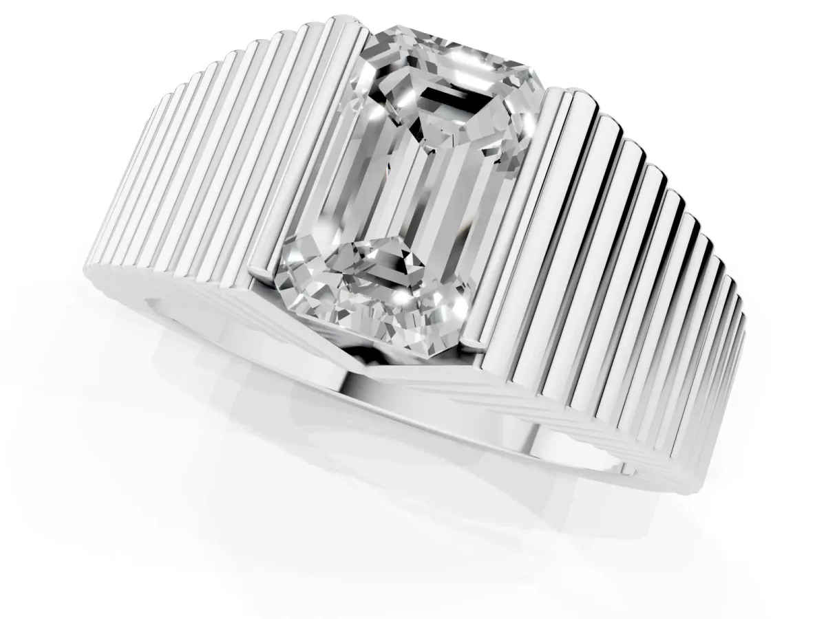 Emerald Cut Diamond Fluted Mens Ring Platinum