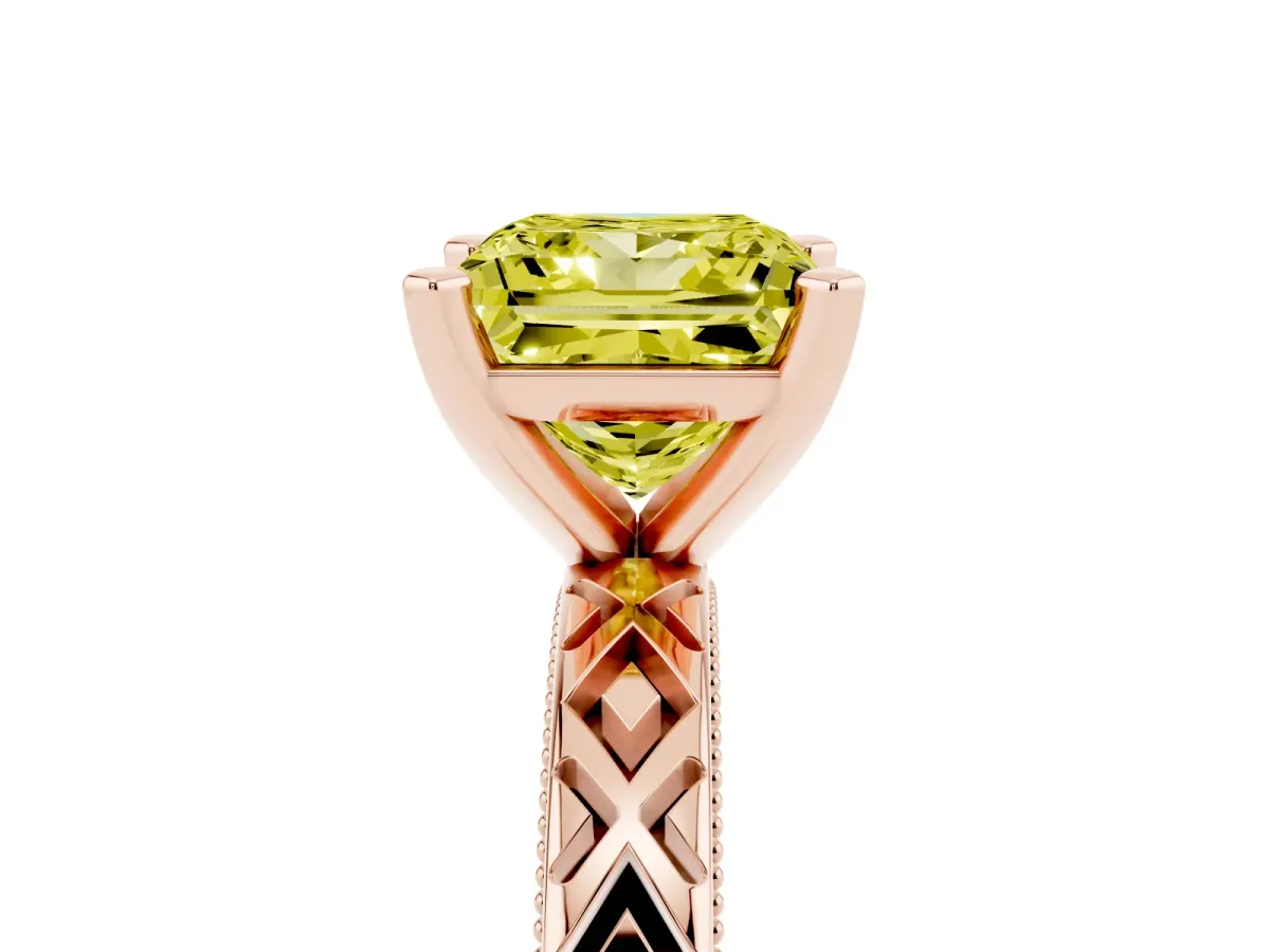 Fancy Yellow Princess Cut Solitaire Diamond Ring with Milgrain and Black Enamel X Pattern Band Rose gold