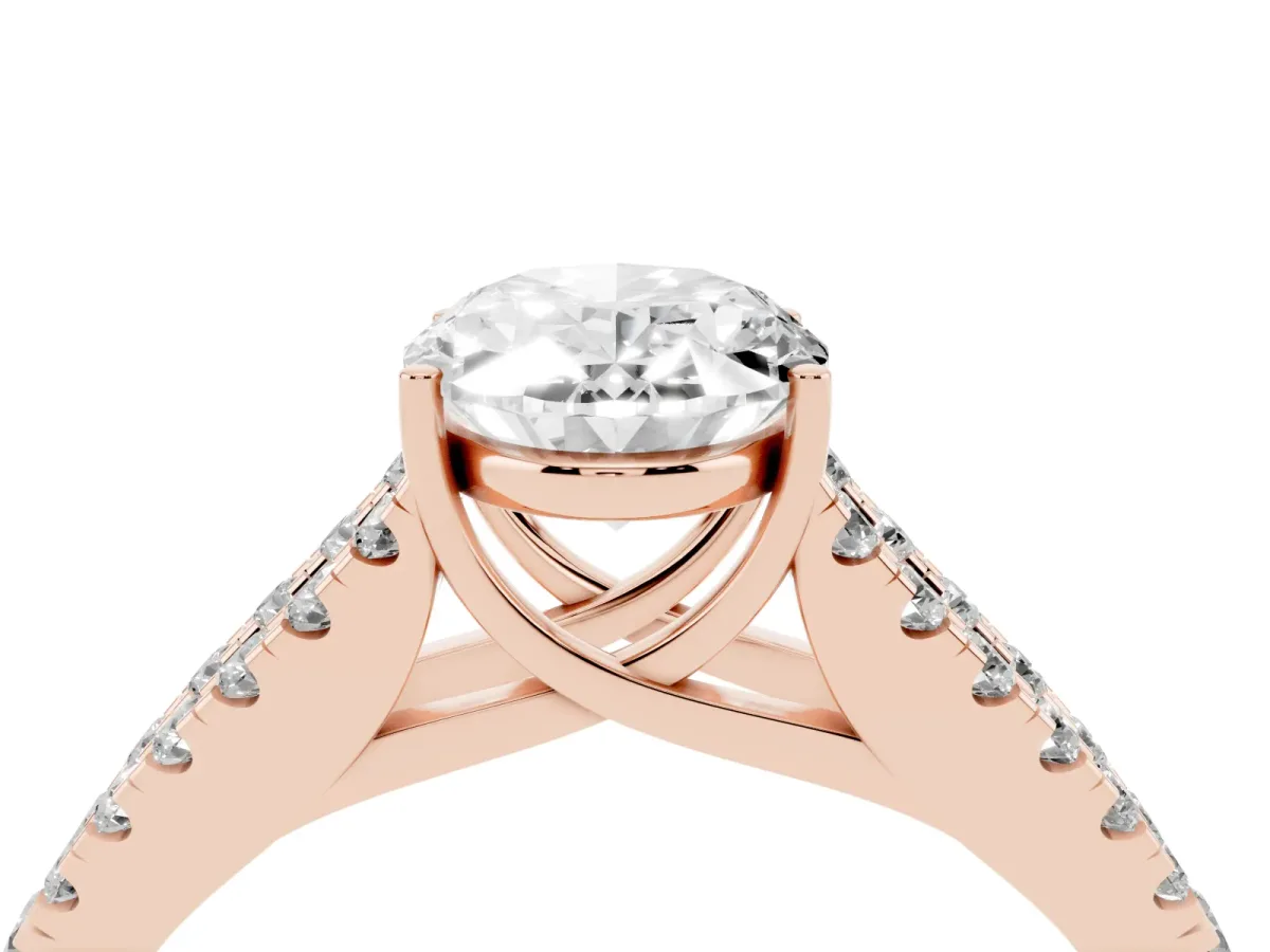 Oval Cut Diamond Split Shank Pavé Engagement Ring with Four-Prong Setting Rose gold