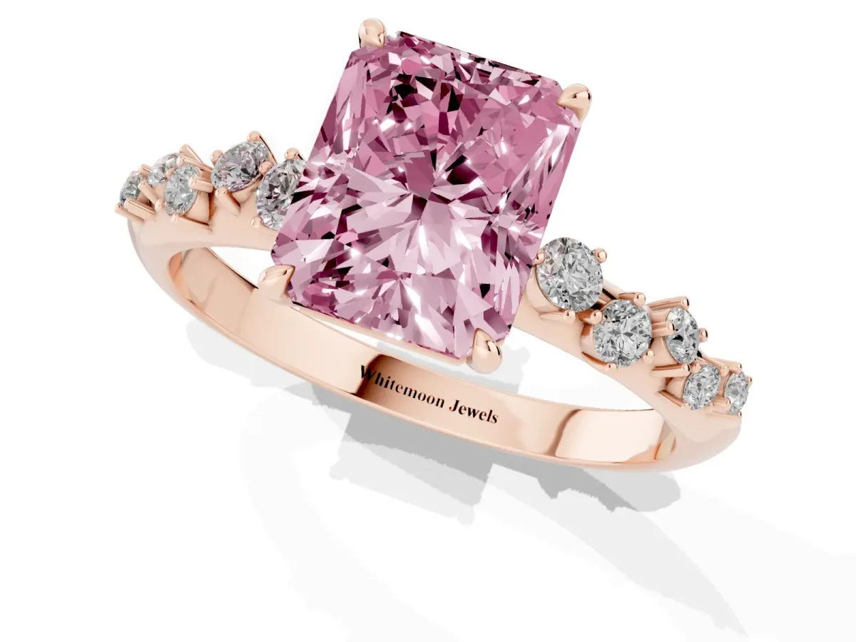 Fancy Pink Radiant Cut Diamond Cluster Side Stone Solitaire Ring with Prong Setting Rose gold