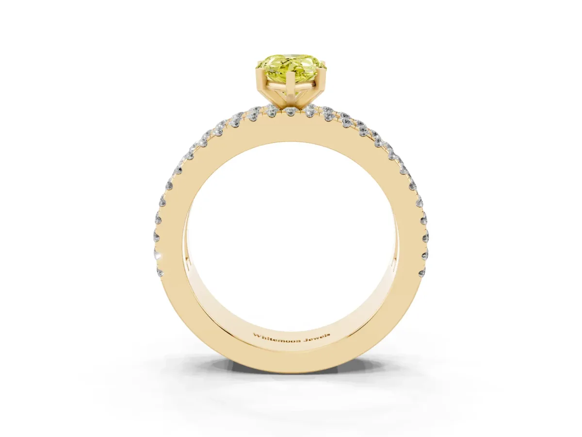 Fancy Yellow Pear Cut Diamond Solitaire Ring with Pavé and Channel Set Band Yellow gold