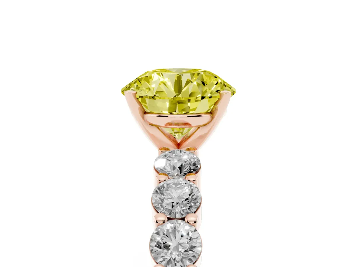 Fancy Yellow Round Cut Diamond Solitaire Ring with Shared Prong Round Side Stones Rose gold