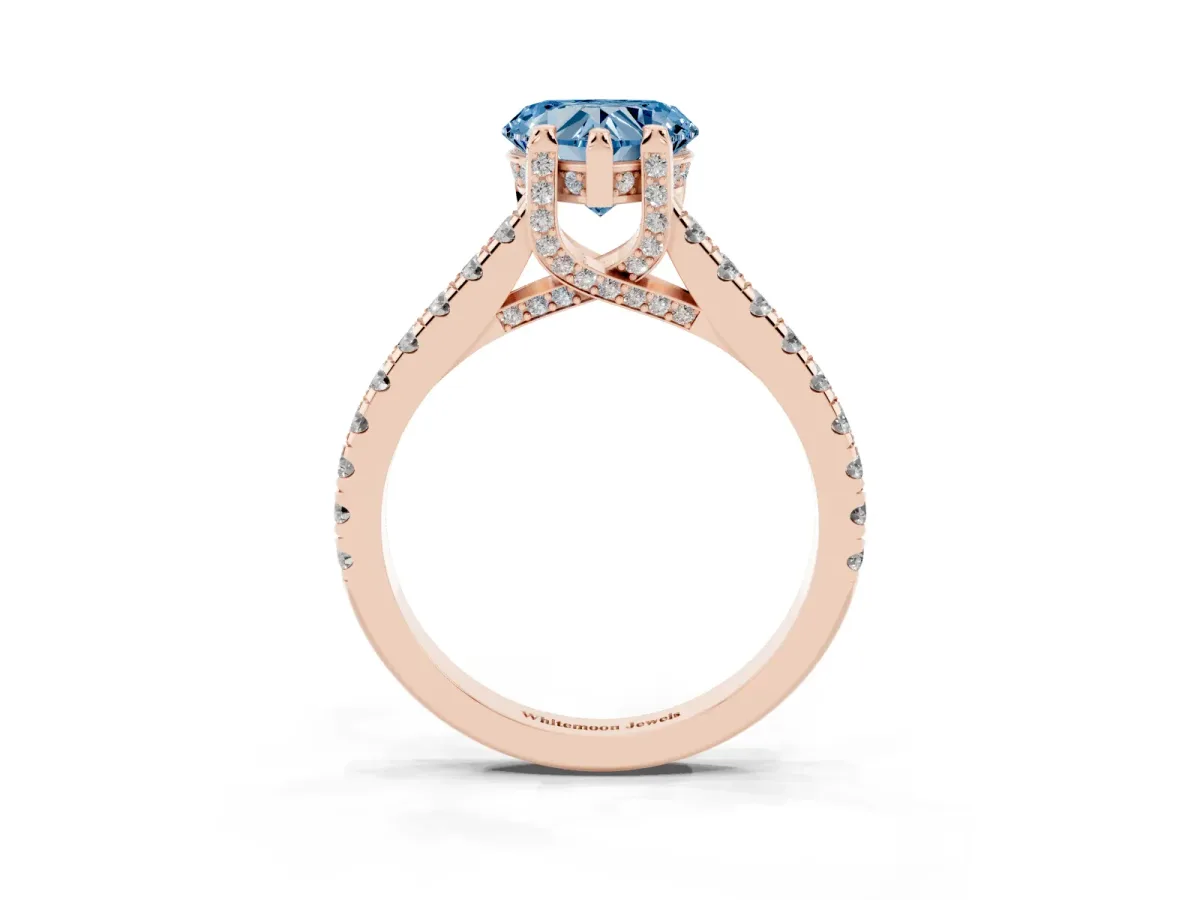 Fancy Blue Heart Cut Brilliant Diamond Solitaire with Pavé Band and Four-Prong Setting Rose gold