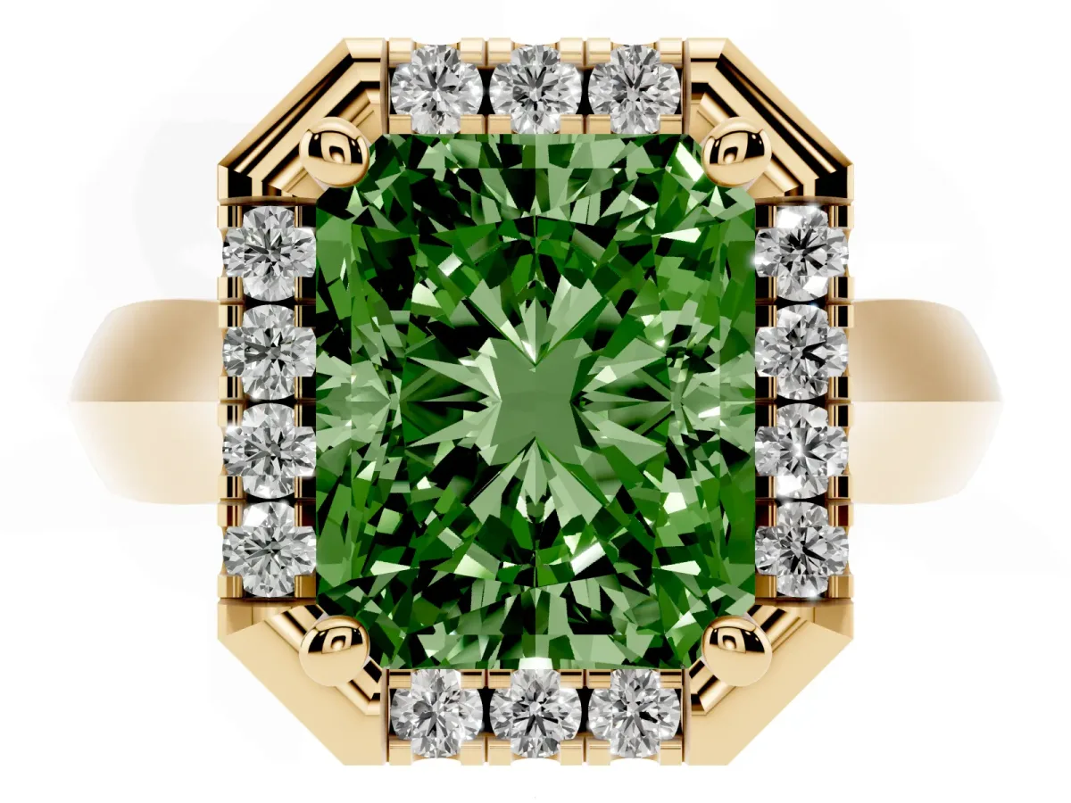 Fancy Green Radiant Cut Cut Halo Solitaire Engagement Ring with Square Band and Four-Prong Setting Yellow gold