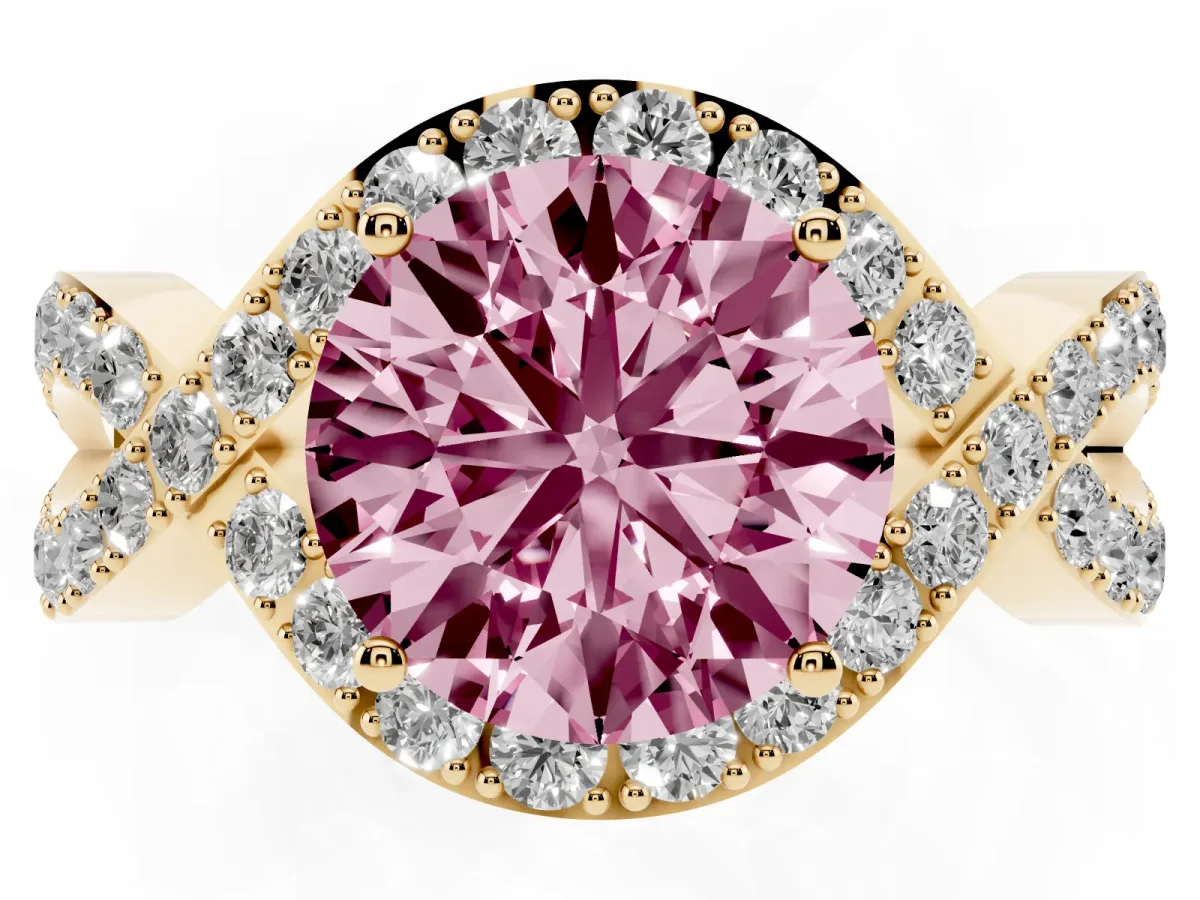 Fancy Pink Round Cut Solitaire Twist Band Pavé Diamond Engagement Ring Yellow gold