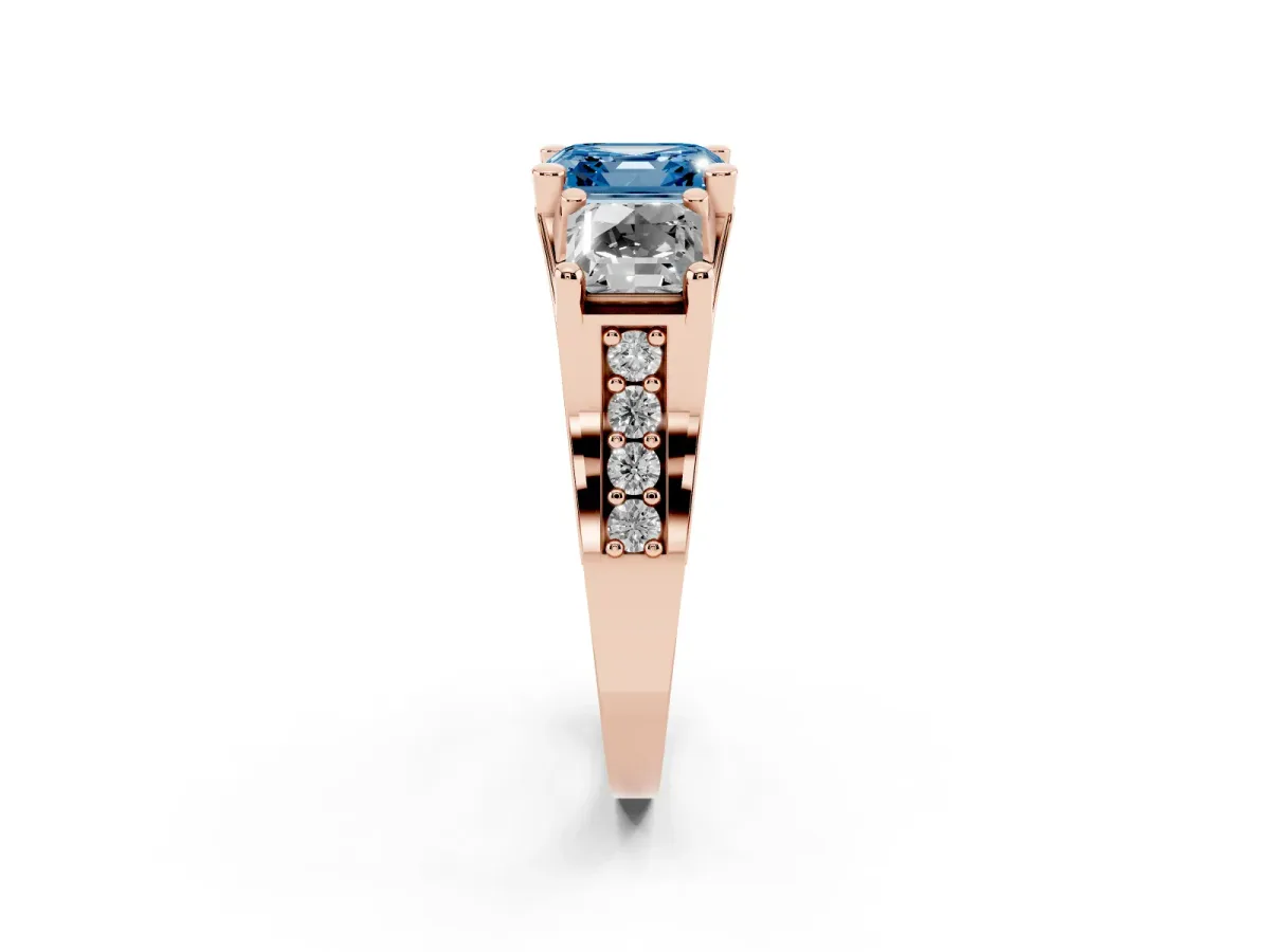 Fancy Blue Asscher Cut Diamond Three-Stone Ring with Channel Set Band and Four-Prong Setting Rose gold