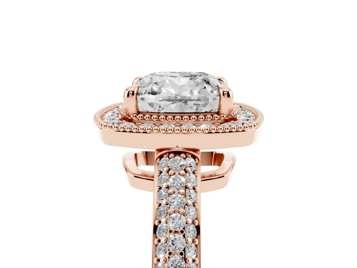 Cushion Cut Cut Halo Diamond Pave Band with Four-Prong Setting Rose gold