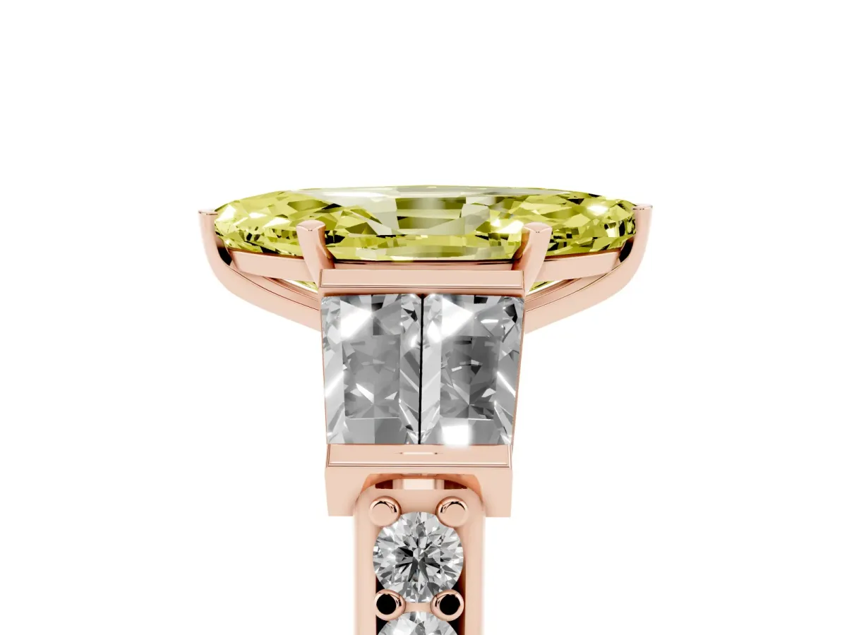 Fancy Yellow Marquise Cut Diamond Engagement Ring with Baguette Side Stones and Channel Set Band Rose gold