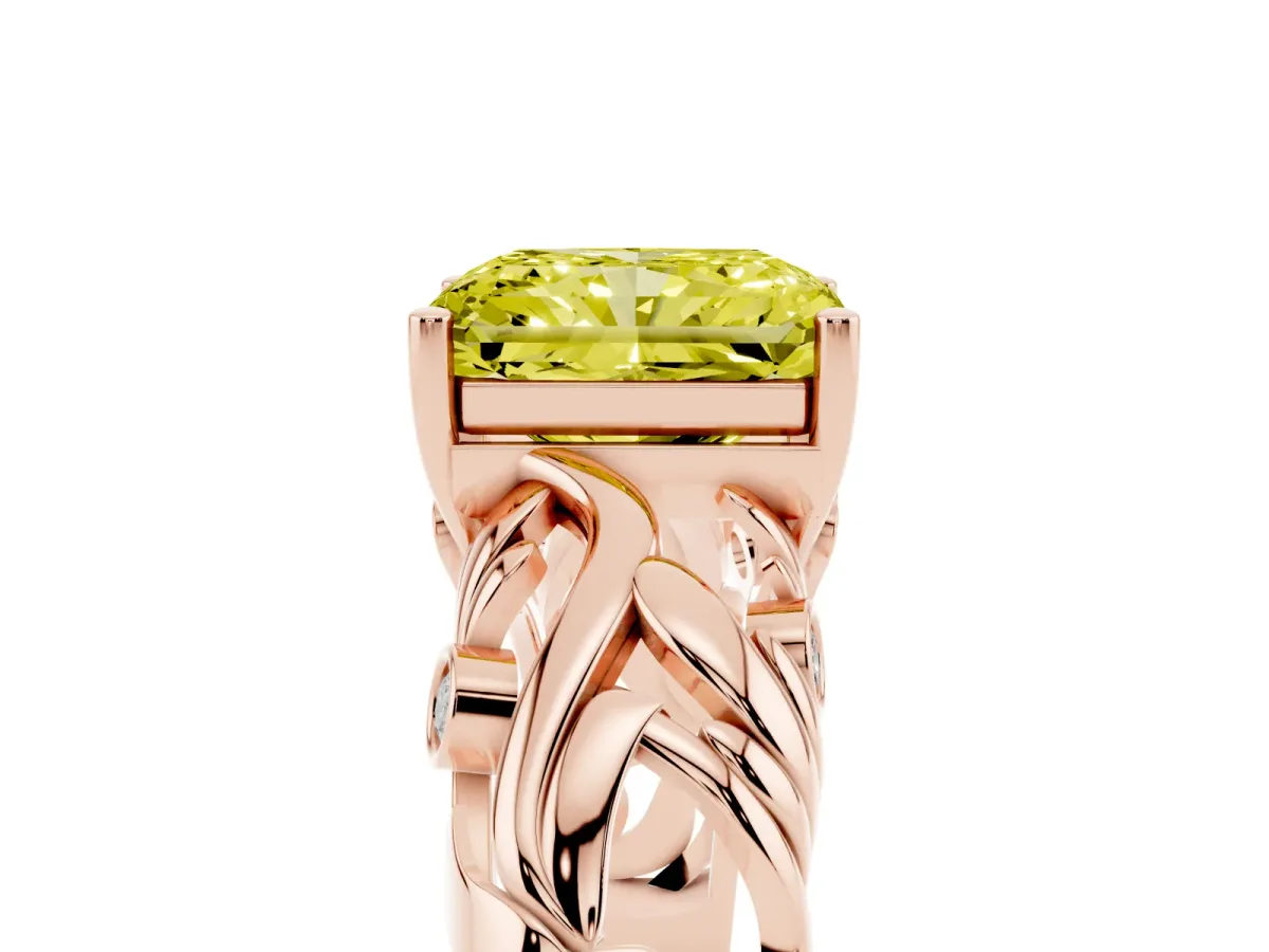 Fancy Yellow Radiant Cut Solitaire Diamond Leaf-Inspired Vine Band Ring with Prong Setting Rose gold