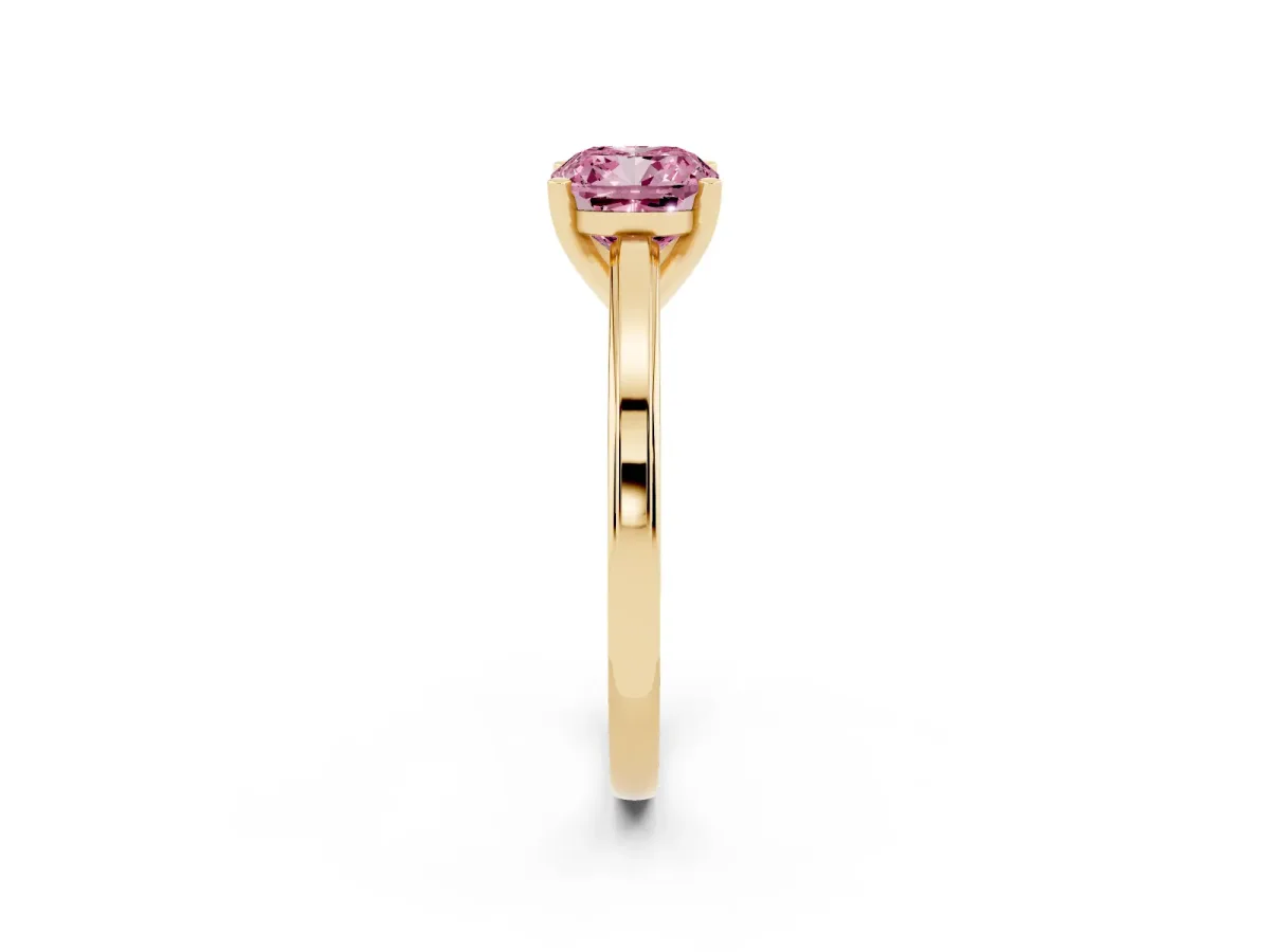 Fancy Pink Cushion Cut Solitaire Diamond Ring with Four-Prong Setting and Classic Band Yellow gold