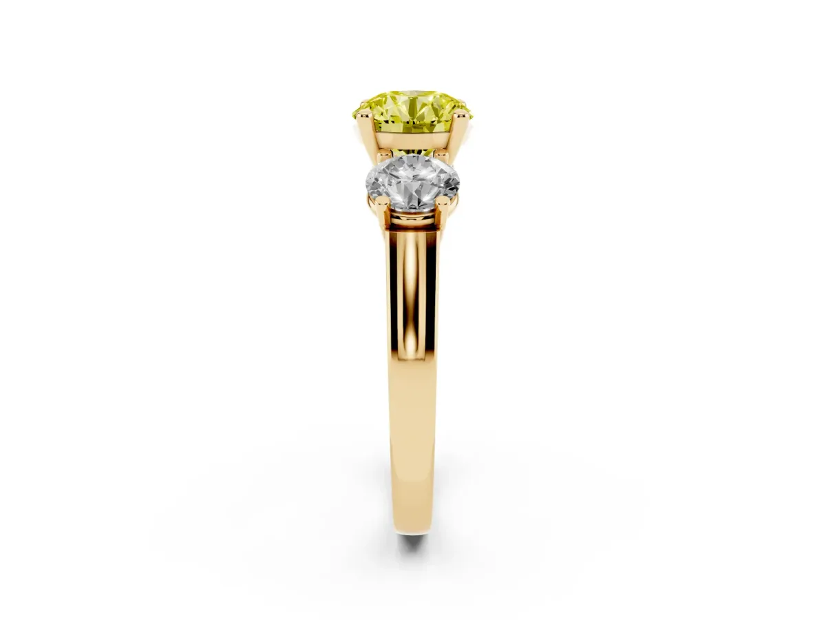 Fancy Yellow Three-Stone Round Cut Brilliant Diamond Trellis Ring with Comfort Fit Band Yellow gold