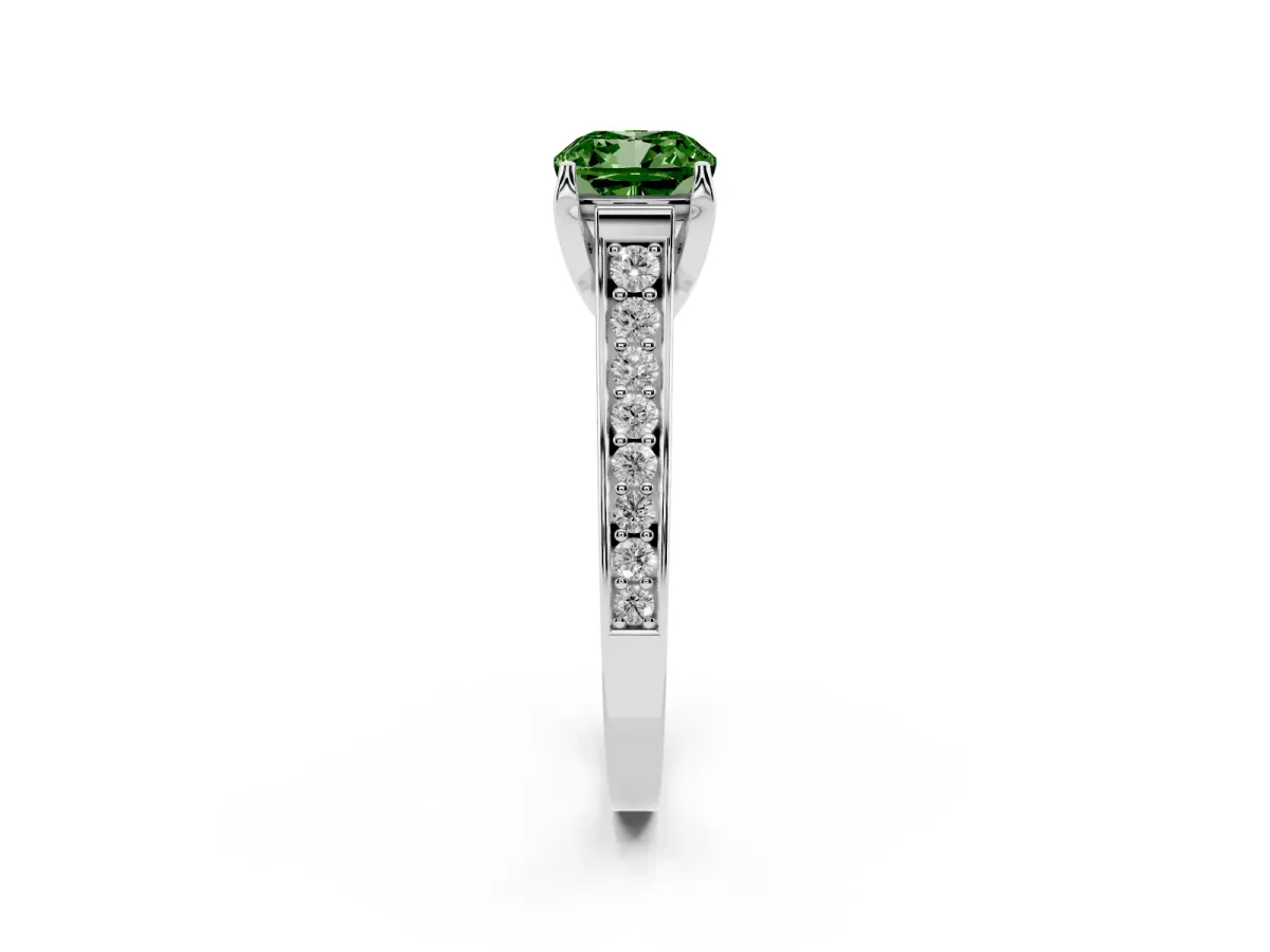 Fancy Green Cushion Cut Brilliant Cut Diamond Engagement Ring with Pavé Band and Four-Prong Setting Platinum
