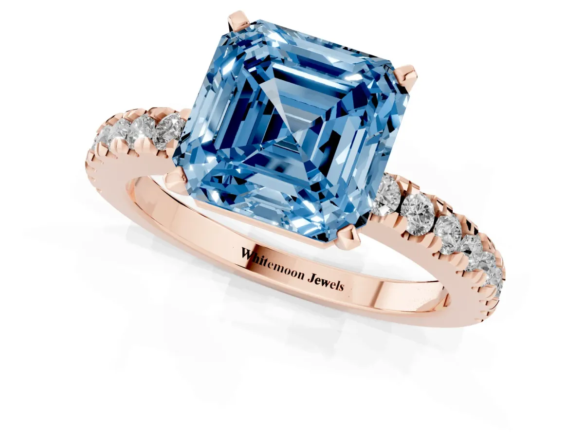 Fancy Blue Asscher Cut Solitaire Diamond with Pavé Band and Four-Prong Setting Rose gold