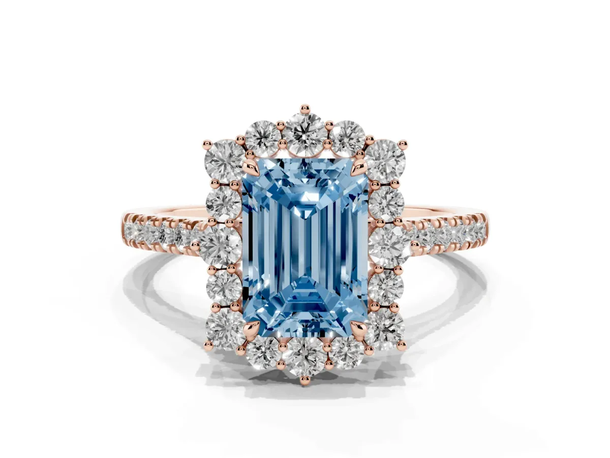 Fancy Blue Emerald Cut Halo Diamond Ring with Pavé Band and Prong Setting Rose gold