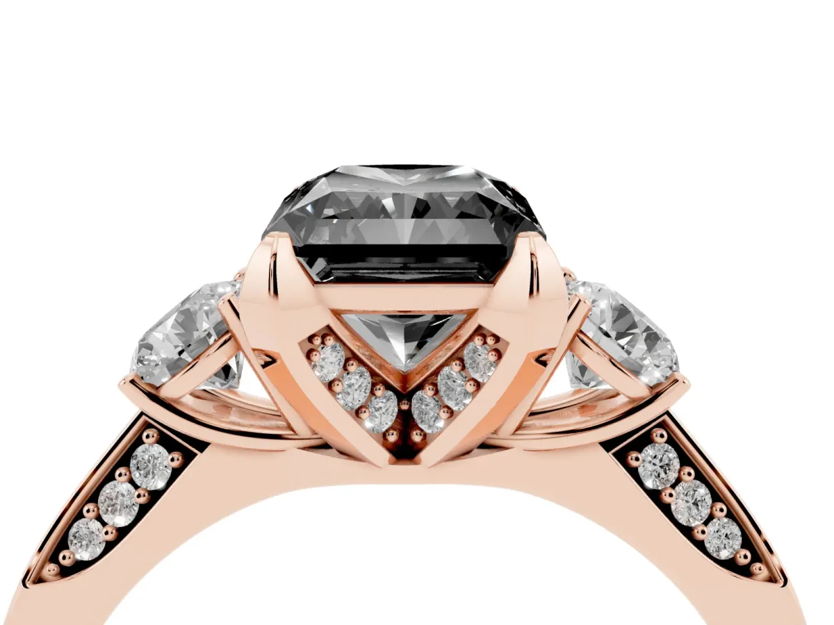 Fancy Black Radiant Cut Brilliant Three-Stone Diamond Ring with Pavé Band and Four-Prong Setting Rose gold