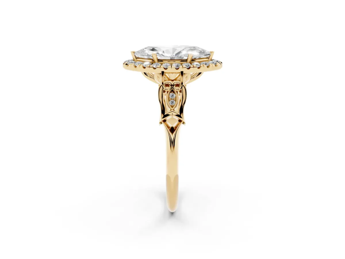 Marquise Cut Halo Diamond Engagement Ring with Filigree Band and Four-Prong Setting Yellow gold