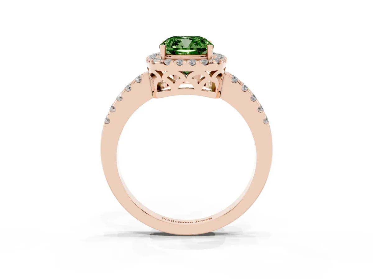 Fancy Green Cushion Cut Halo Diamond Engagement Ring with Pavé Band and Four-Prong Setting Rose gold