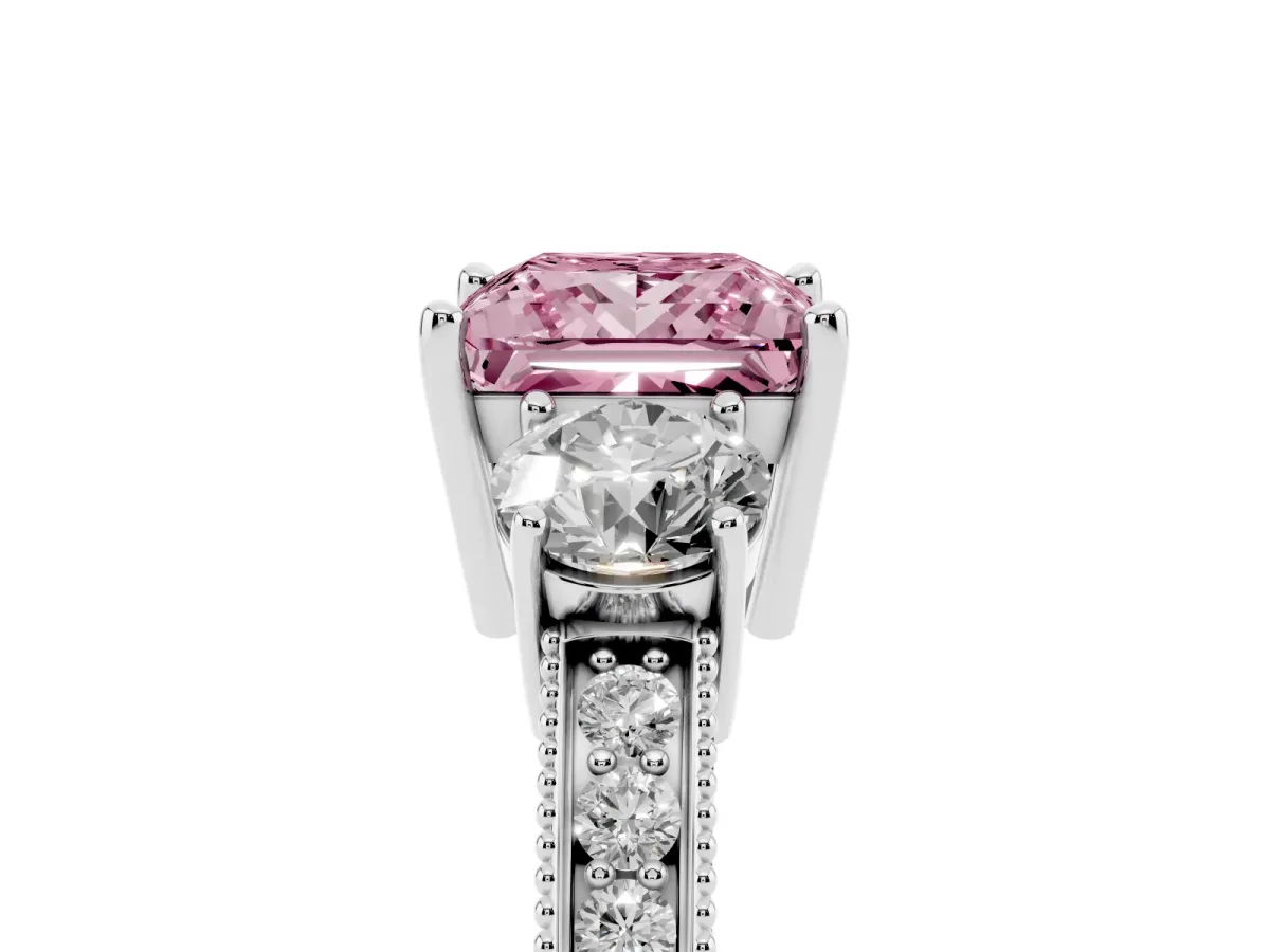 Fancy Pink Princess Cut Three-Stone Diamond Ring with Pavé Band and Four-Prong Setting Silver
