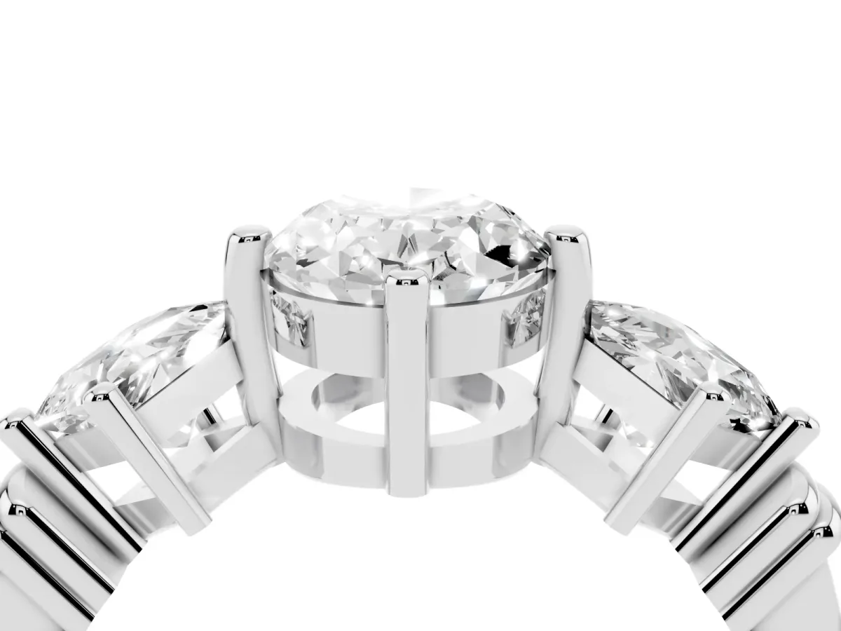 Three-Stone Oval Cut and Princess Cut Diamond Ring with Channel Band and Four-Prong Setting Platinum