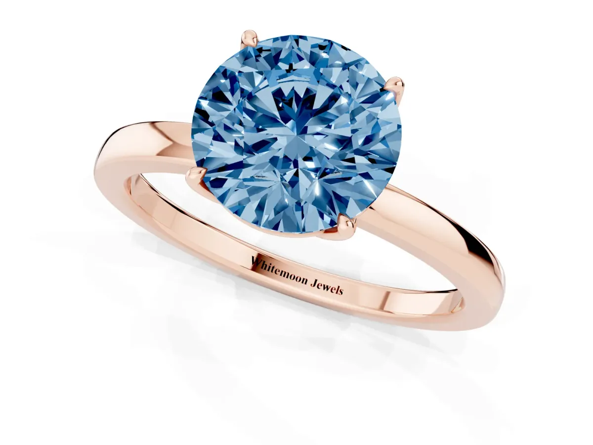 Fancy Blue Round Cut Diamond Solitaire Ring with Thin Band and Prong Setting Rose gold