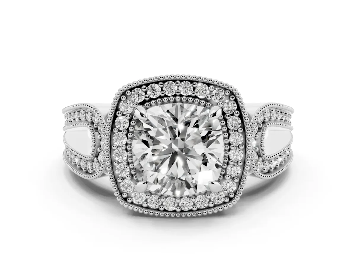 Cushion Cut Halo Split Shank Milgrain Diamond Ring Platinum