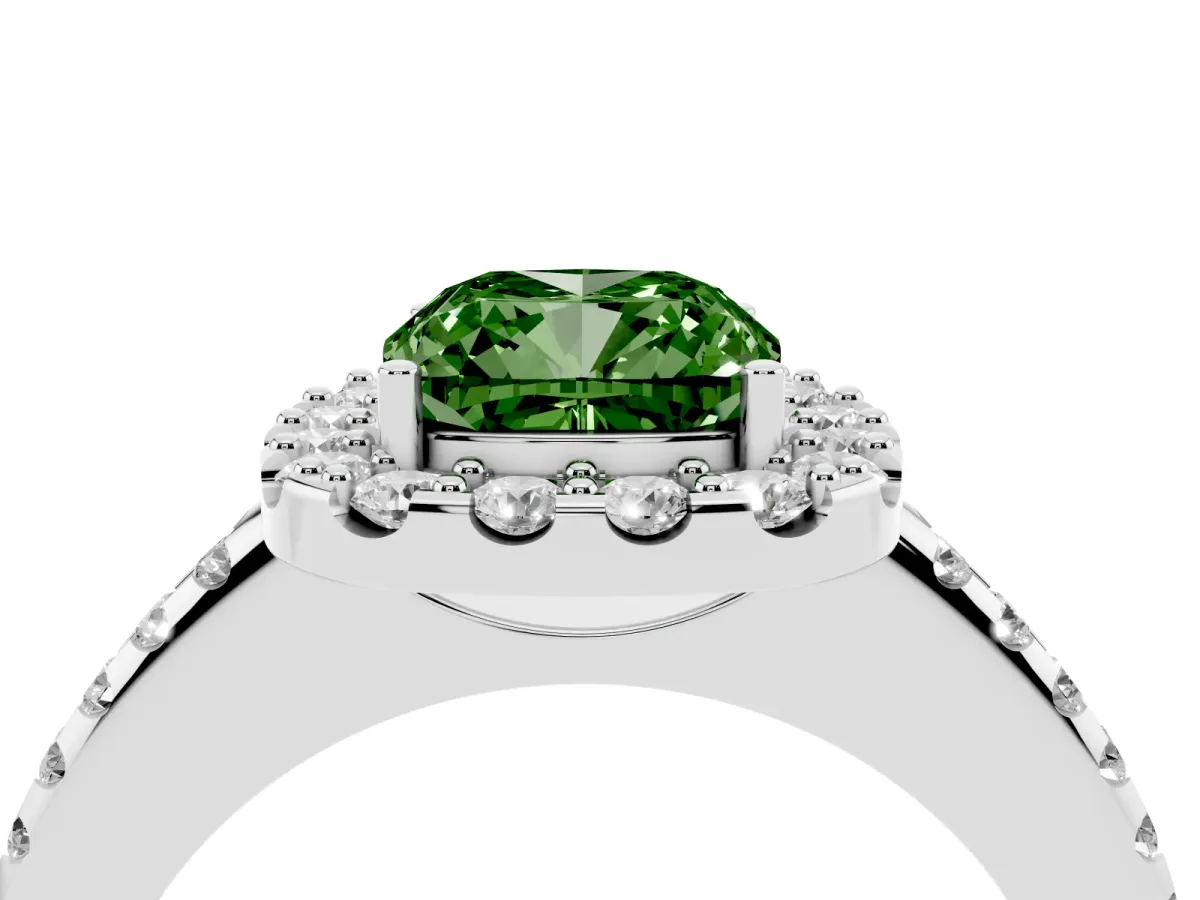 Fancy Green Cushion Cut Diamond Pavé Halo Ring with Four-Prong Setting Silver
