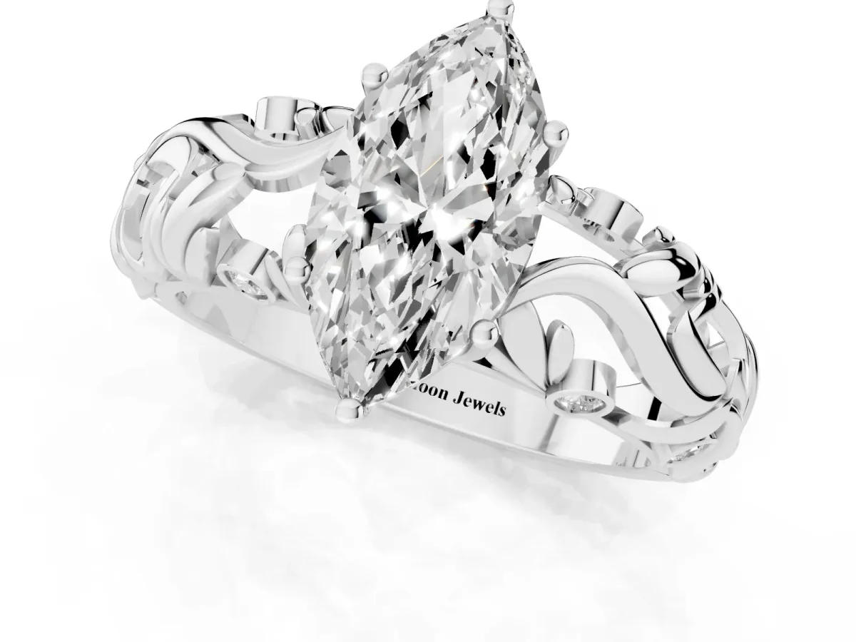 Marquise Cut Solitaire Diamond Leaf-Inspired Vine Band Ring with Prong Setting Silver