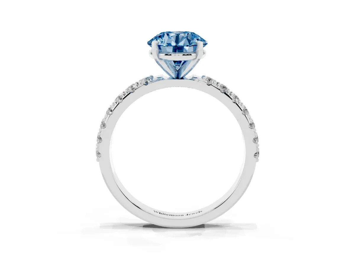 Fancy Blue Round Cut Diamond Solitaire Pavé Band with Four-Prong Setting Silver