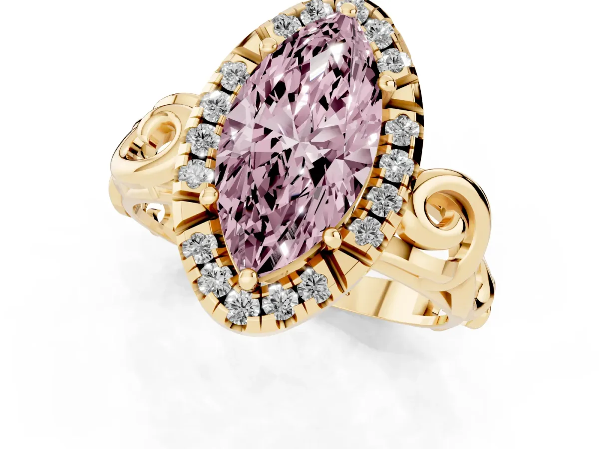 Fancy Pink Marquise Cut Cut Halo Diamond Ring with Scrollwork Band and Four-Prong Setting Yellow gold