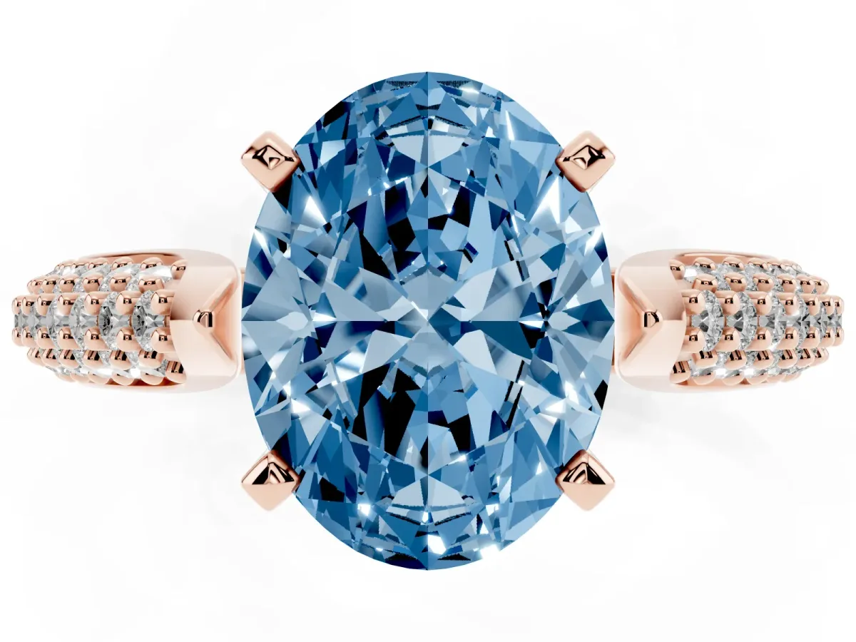 Fancy Blue Oval Cut Diamond Solitaire Engagement Ring with Multi-Row Round Pavé Band and Prong Setting Rose gold