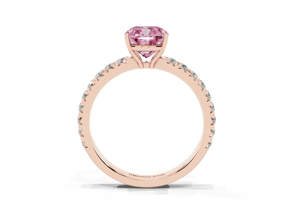 Fancy Pink Cushion Cut Diamond Pavé Solitaire Engagement Ring with Four-Prong Setting Rose gold