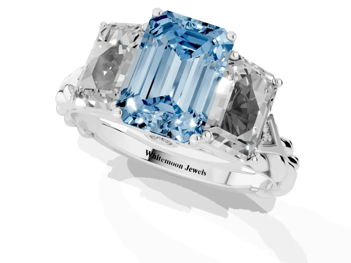 Fancy Blue Three-Stone Radiant Cut Diamond Braided Band Ring with Four-Prong Setting Platinum
