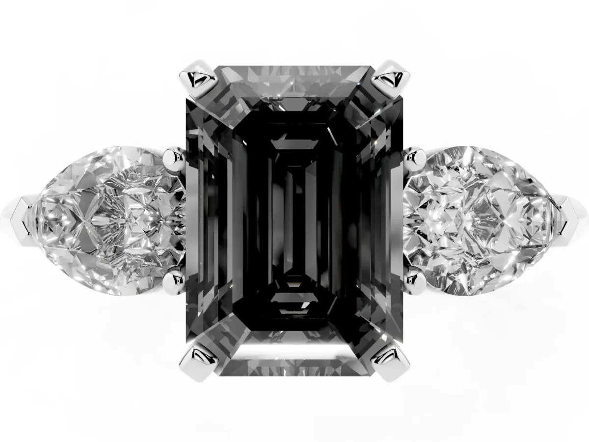 Fancy Black Three-Stone Emerald Cut Diamond Ring with Pear Side Stones and Four-Prong Setting Platinum