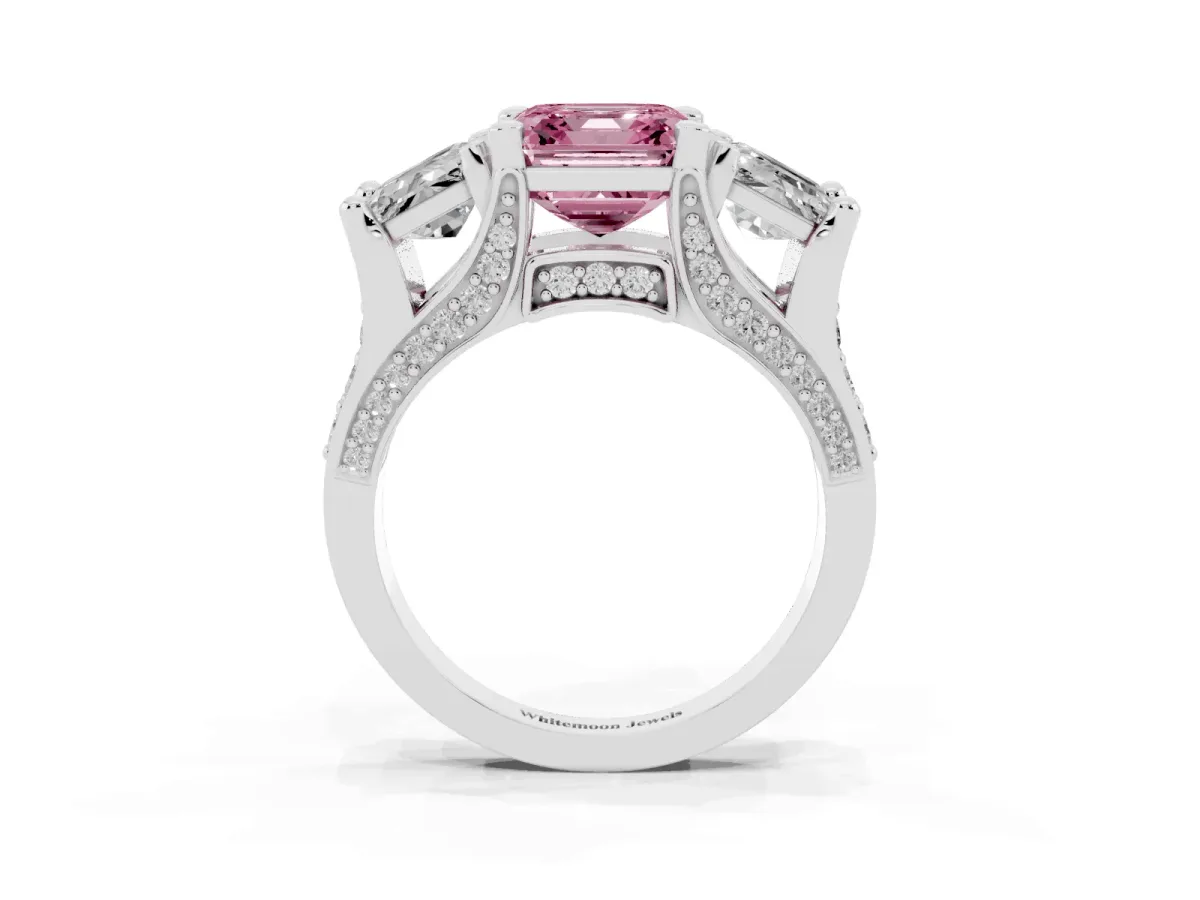 Fancy Pink Asscher Cut Diamond Three-Stone Ring with Channel Set Band and Four-Prong Setting Silver