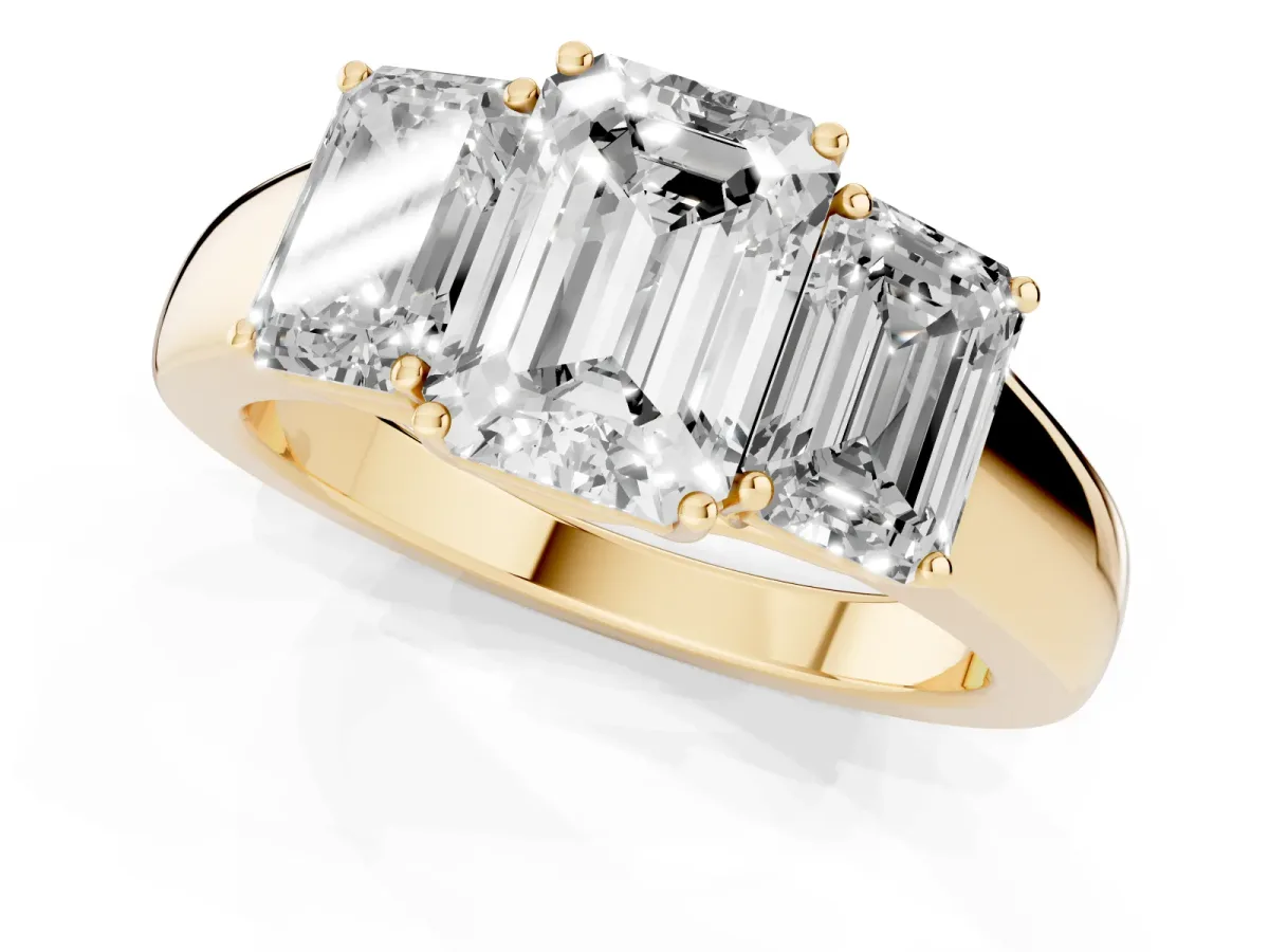 Three-Stone Emerald Cut Cut Diamond Ring with Prong Setting and Classic Band Yellow gold