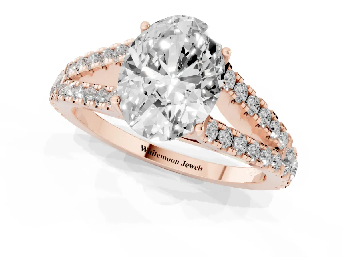 Oval Cut Diamond Split Shank Pavé Engagement Ring with Four-Prong Setting Rose gold