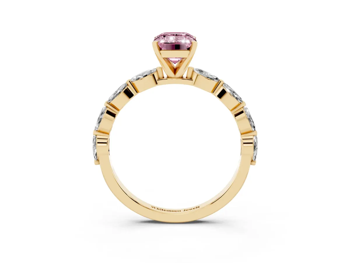 Fancy Pink Emerald Cut Diamond Ring with Marquise Side Stones and Prong Setting Yellow gold