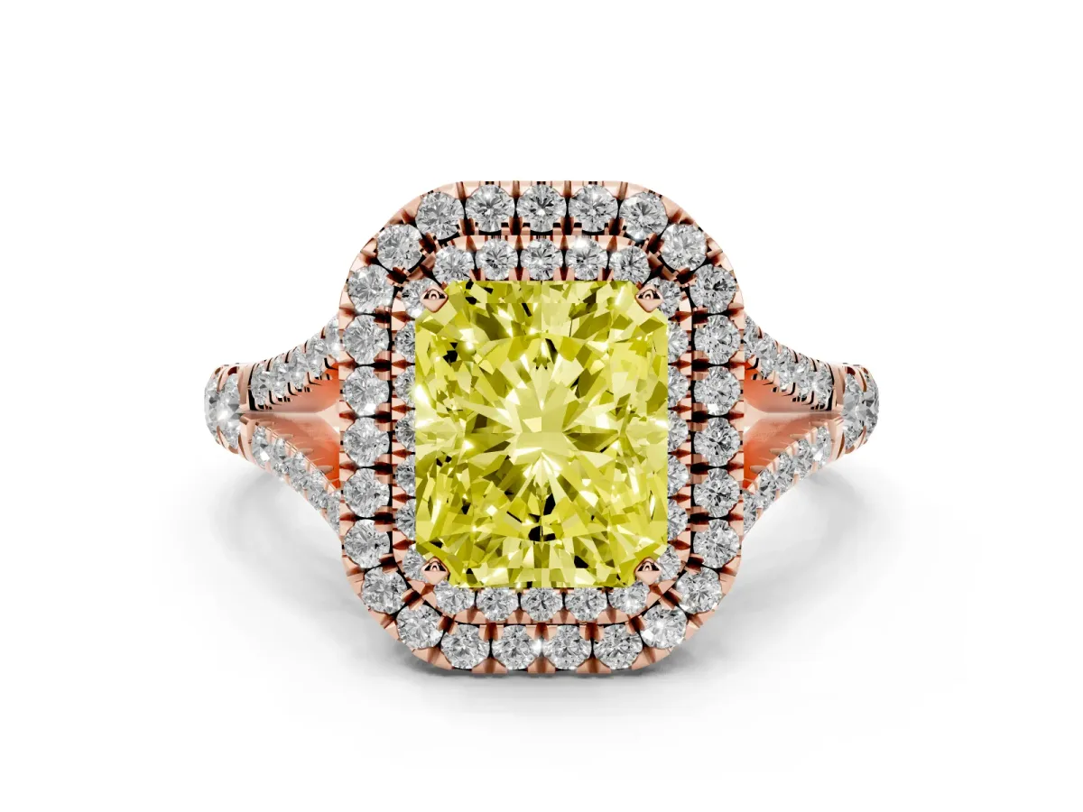 Fancy Yellow Radiant Cut Cut Double Halo Split Shank Diamond Ring with Prong Setting Rose gold