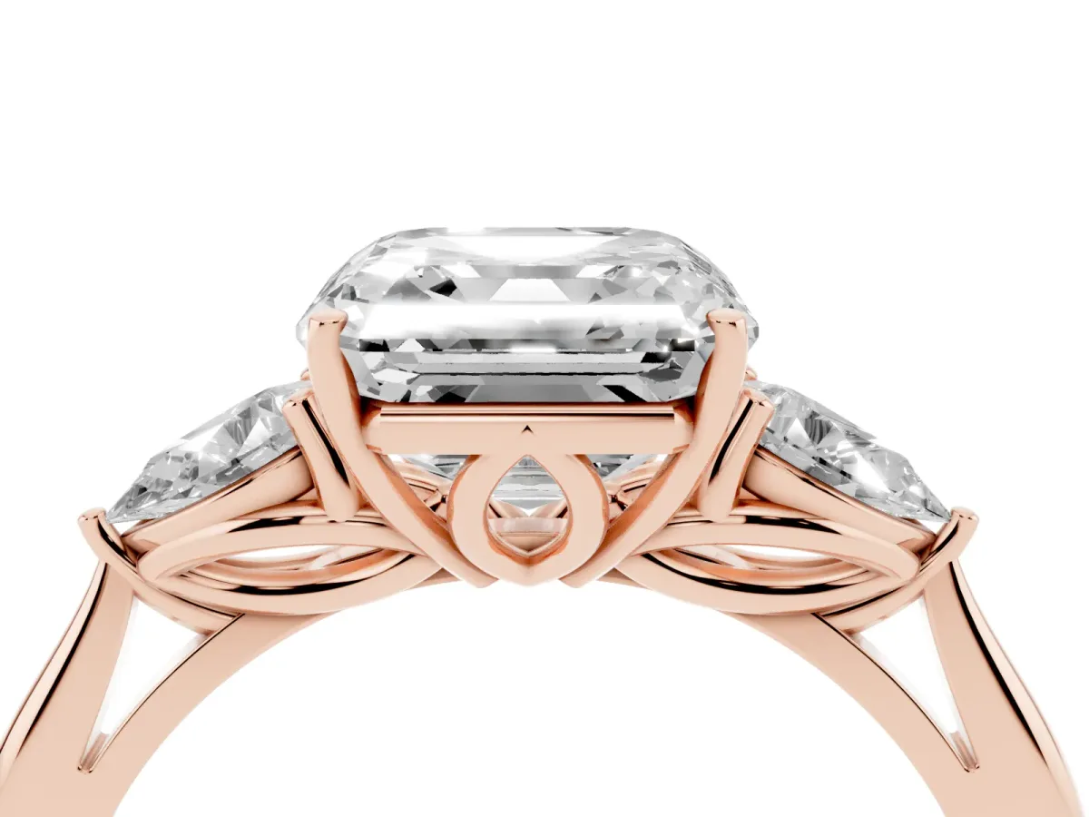Three-Stone Asscher Cut Brilliant Diamond Solitaire Ring with Tapered Band and Four-Prong Setting Rose gold