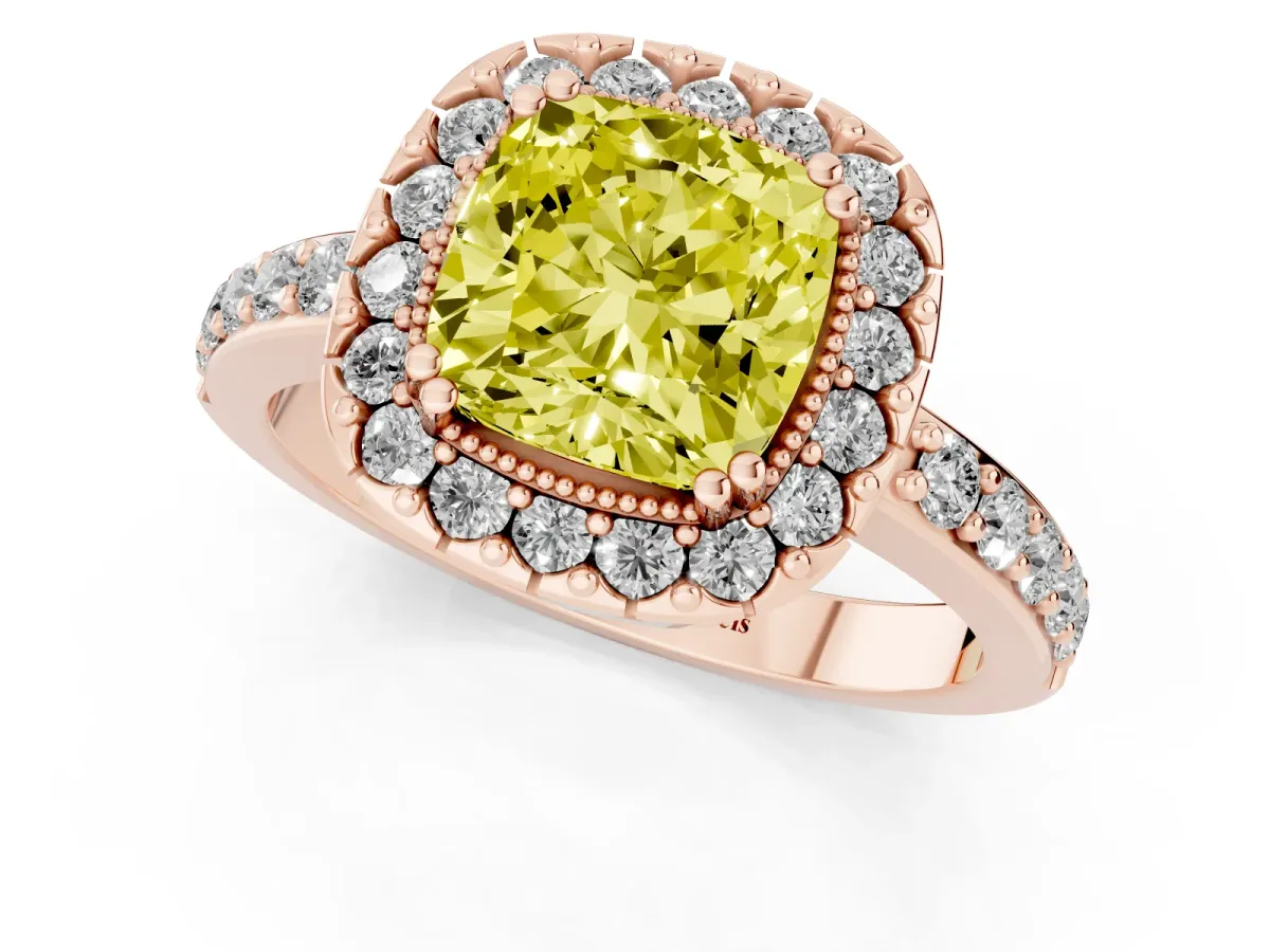 Fancy Yellow Cushion Cut Diamond Halo Ring with Pavé Band and Prong Setting Rose gold