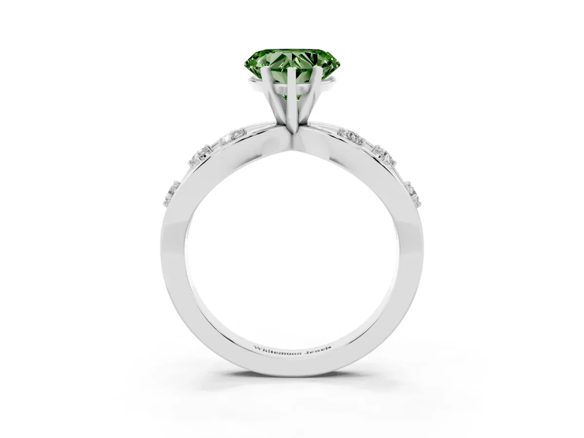 Fancy Green Heart Cut Cut Solitaire Diamond with Side Stones on Criss-Cross Band and Four-Prong Setting Platinum