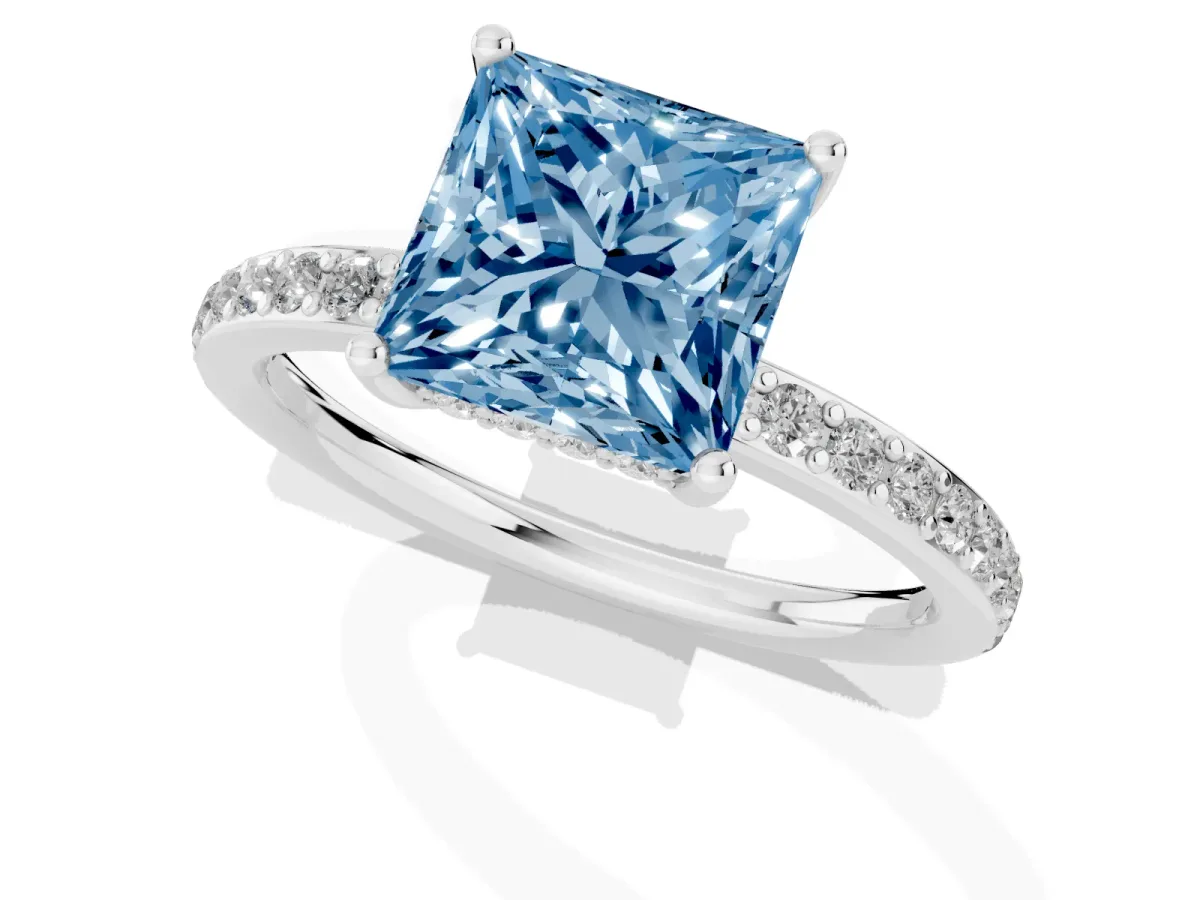 Fancy Blue Princess Cut Cut Diamond Pavé Band Ring with Four-Prong Setting Platinum