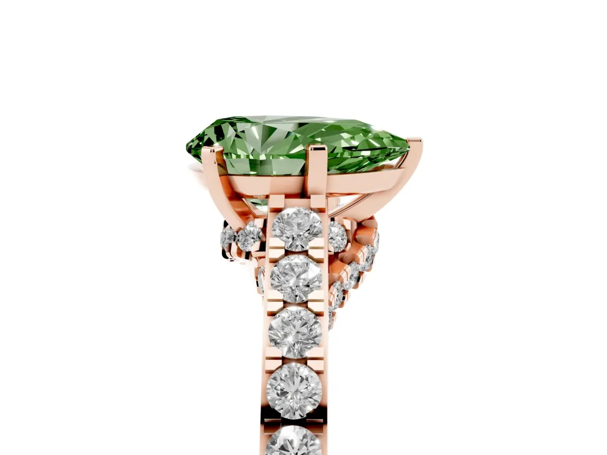 Fancy Green Pear Cut Diamond Solitaire Ring with Crossover Gallery and Round Pavé Band Rose gold