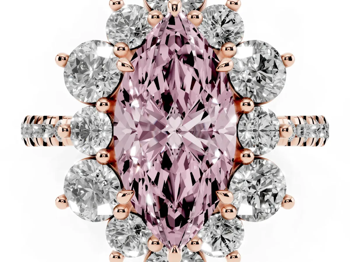 Fancy Pink Marquise Cut Diamond Floral Halo Ring with Round Pavé Band and Prong Setting Rose gold