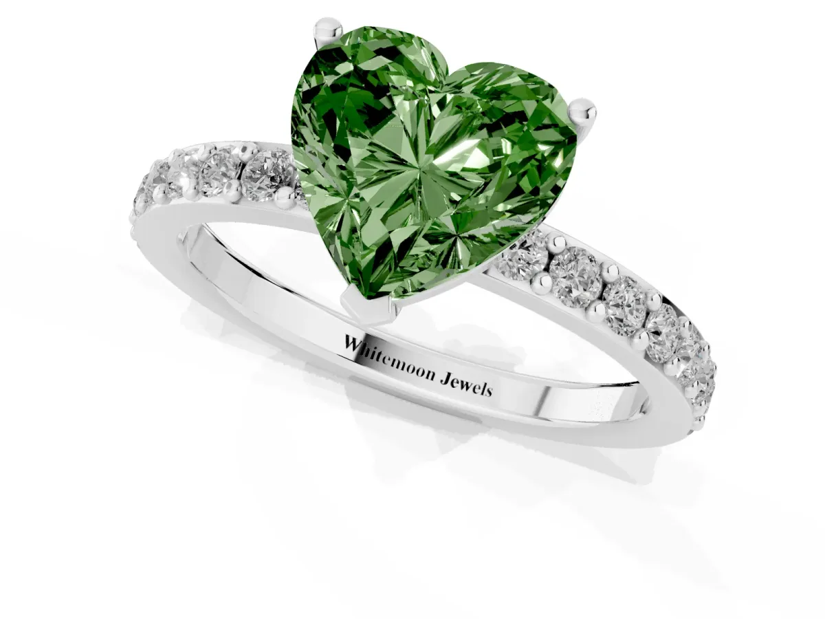 Fancy Green Heart Cut Cut Diamond Solitaire with Pave Band and Four-Prong Setting Silver