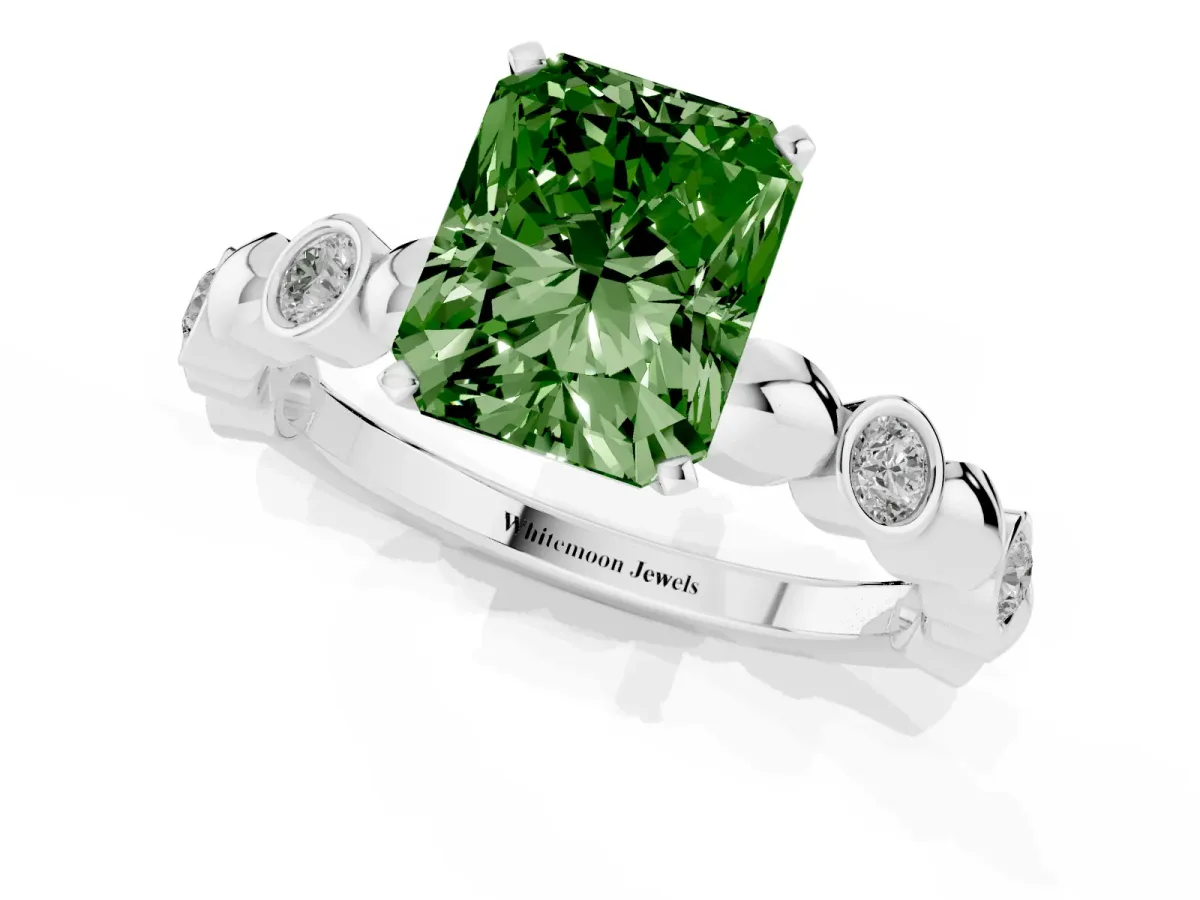 Fancy Green Radiant Cut Solitaire Bezel-Set Diamond Ring with Beaded Band and Four-Prong Setting Silver