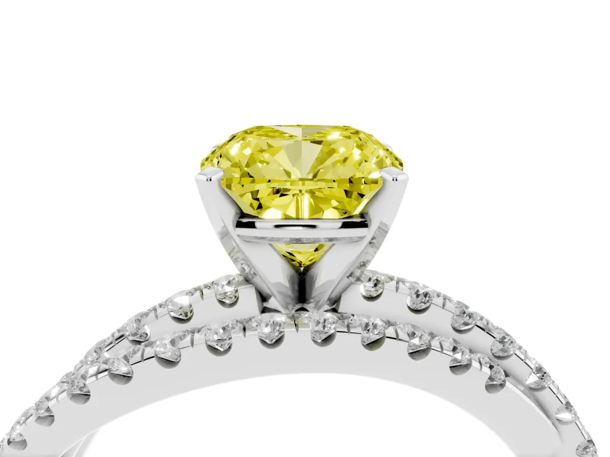 Fancy Yellow Cushion Cut Solitaire Twist Band with Pavé Setting and Four-Prong Setting Silver