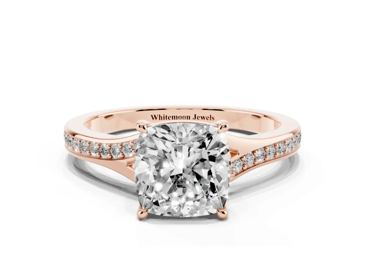 Cushion Cut Diamond Solitaire Ring with Pavé Band and Prong Setting Rose gold