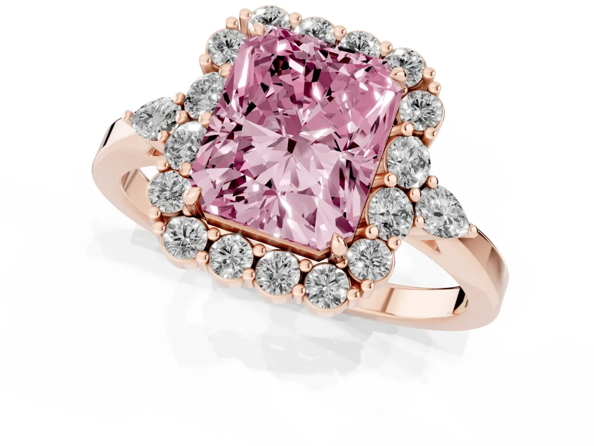 Fancy Pink Radiant Cut Diamond Halo Ring with Pear Side Stones and Prong Setting Rose gold