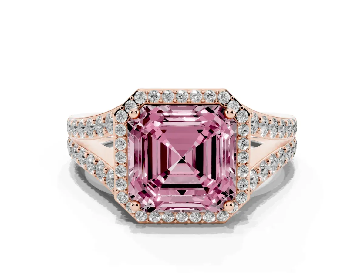 Fancy Pink Asscher Cut Diamond Split Shank Halo Ring with Four-Prong Setting Rose gold
